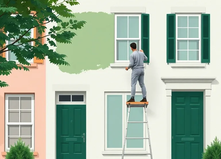 Peintre sur échafaudage traitant la façade d'une maison